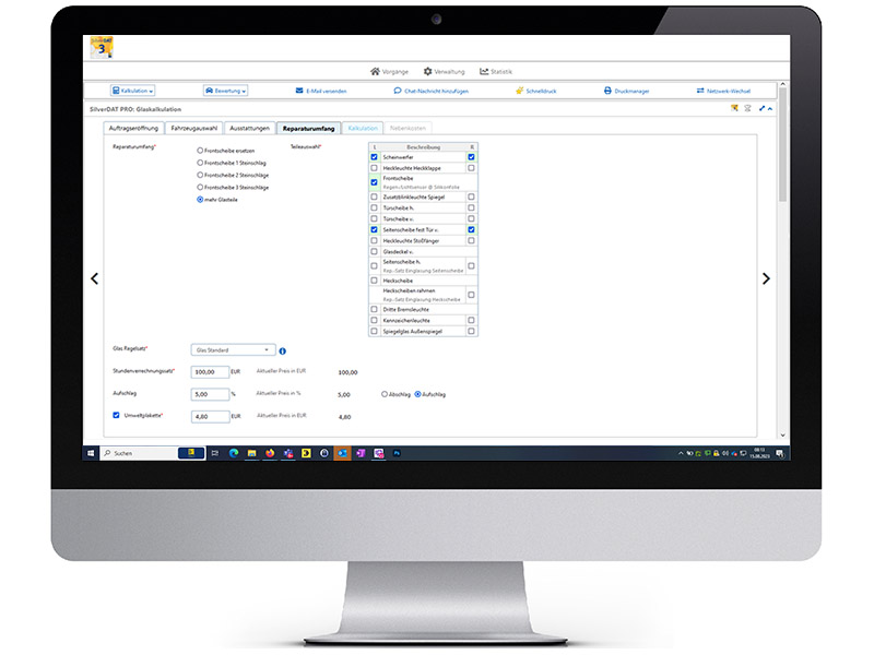 Screenshot Desktop-Monitor der SilverDAT Glaskalkulation: Eine Software speziell zur Berechnung von Autoglasschäden.