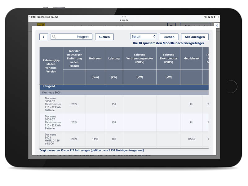 Screenshot auf iPad: Die geöffnete DAT-Anwendung mit dem Leitfaden zum Energieverbrauch und zu den CO2-Emissionen.